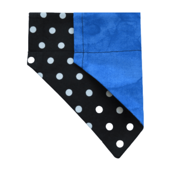 black polka dot dog bandan with blue background